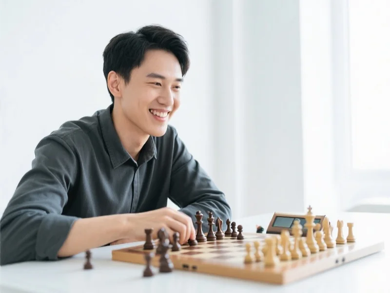 一位玩家在明亮室内微笑着自信地下棋,表现出冷静与专注的神态,背景为简约风格